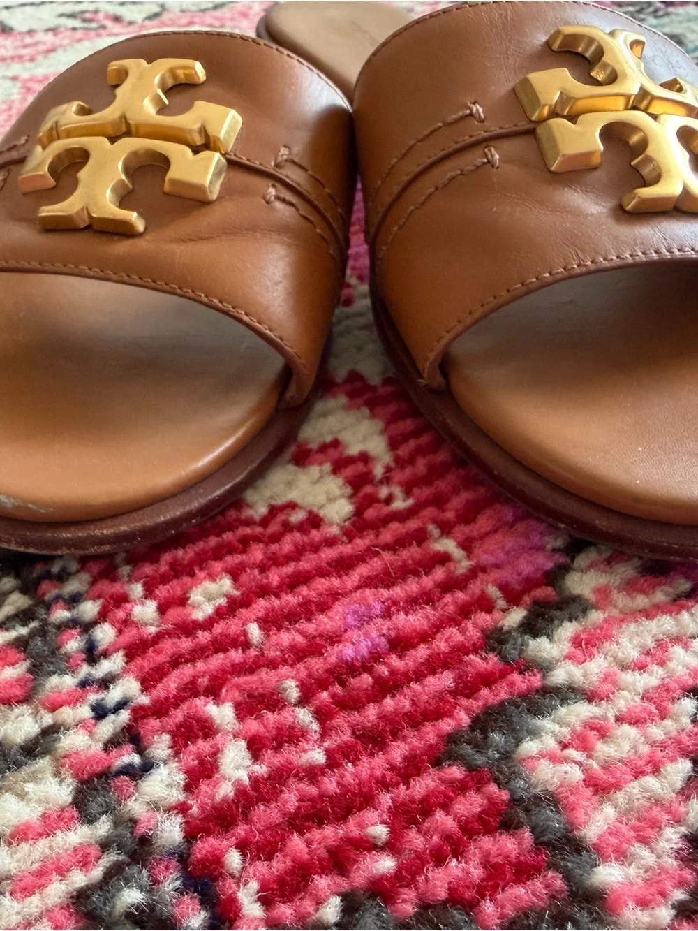 Tory Burch Tan Leather Slide Sandals with Gold Logo Emblem